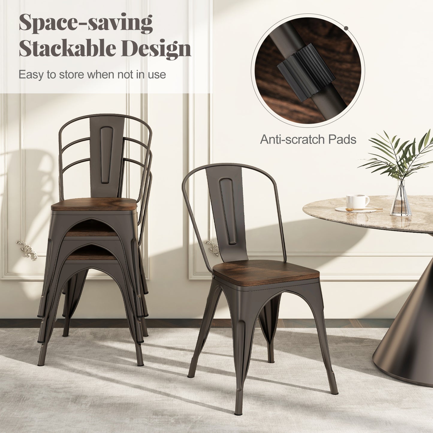 Metal Dining Chairs Set of 4 Tolix Style Stackable Kitchen Chairs with Wood Seat, Gun Dining Chairs at Gallery Canada