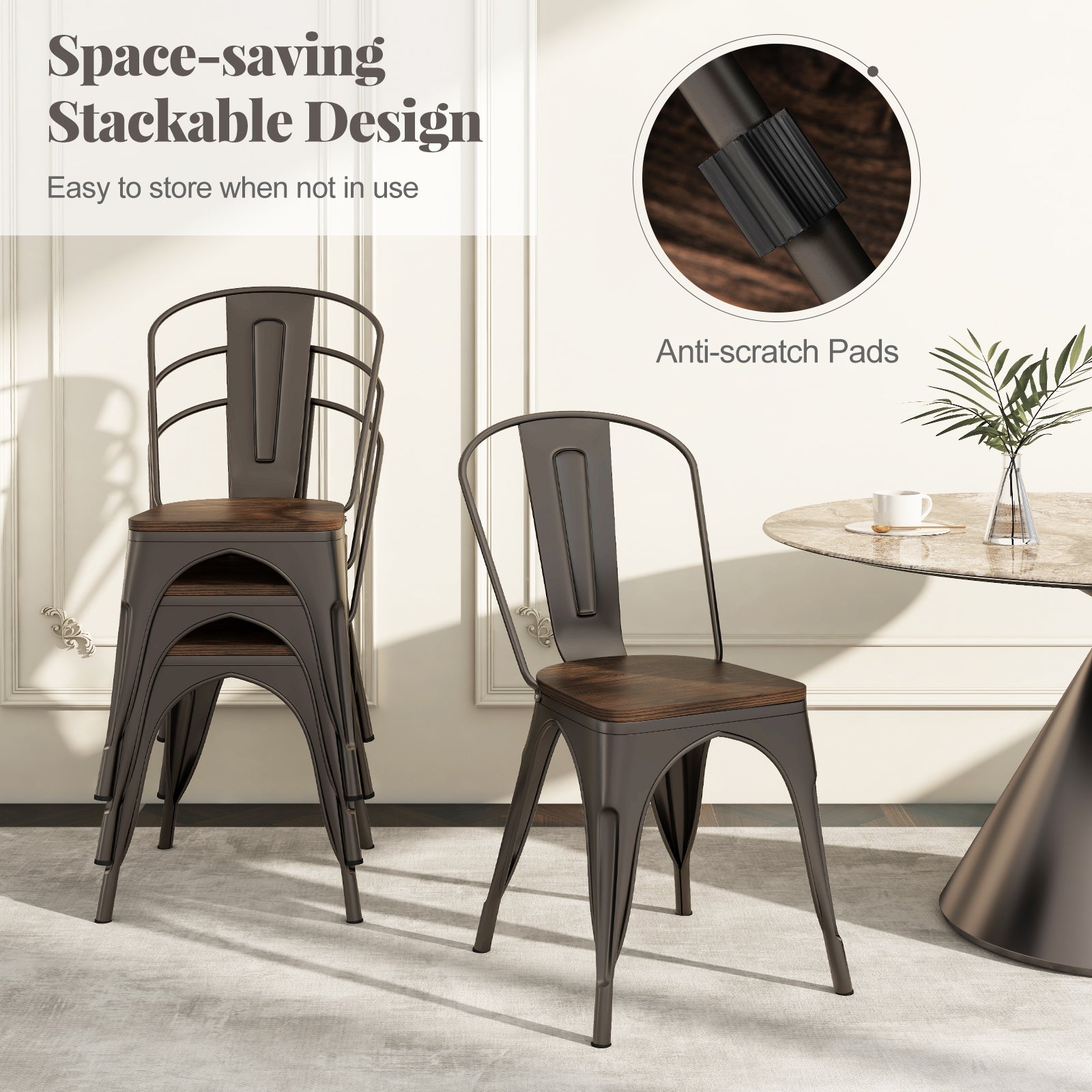 Metal Dining Chairs Set of 4 Tolix Style Stackable Kitchen Chairs with Wood Seat, Gun Dining Chairs at Gallery Canada