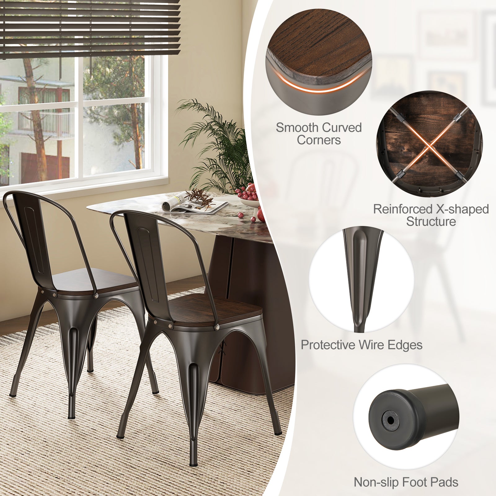 Metal Dining Chairs Set of 4 Tolix Style Stackable Kitchen Chairs with Wood Seat, Gun Dining Chairs at Gallery Canada