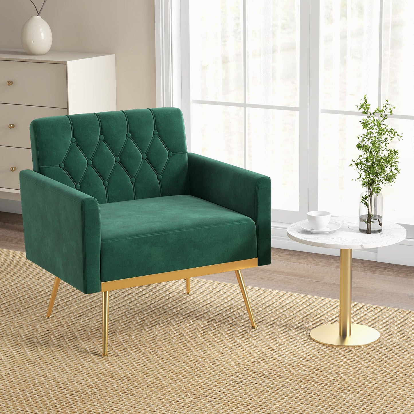 Modern Velvet Accent Chair with Button Tufted Back Golden Metal Legs and Adjustable Foot Pads, Turquoise Accent Chairs at Gallery Canada