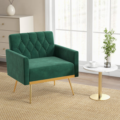 Modern Velvet Accent Chair with Button Tufted Back Golden Metal Legs and Adjustable Foot Pads, Turquoise Accent Chairs at Gallery Canada