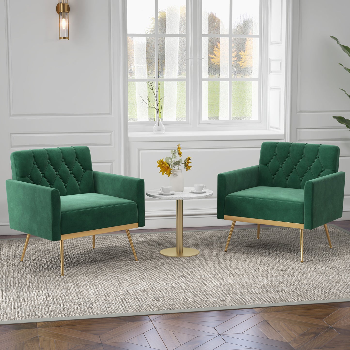 Modern Velvet Accent Chair with Button Tufted Back Golden Metal Legs and Adjustable Foot Pads, Turquoise Accent Chairs at Gallery Canada