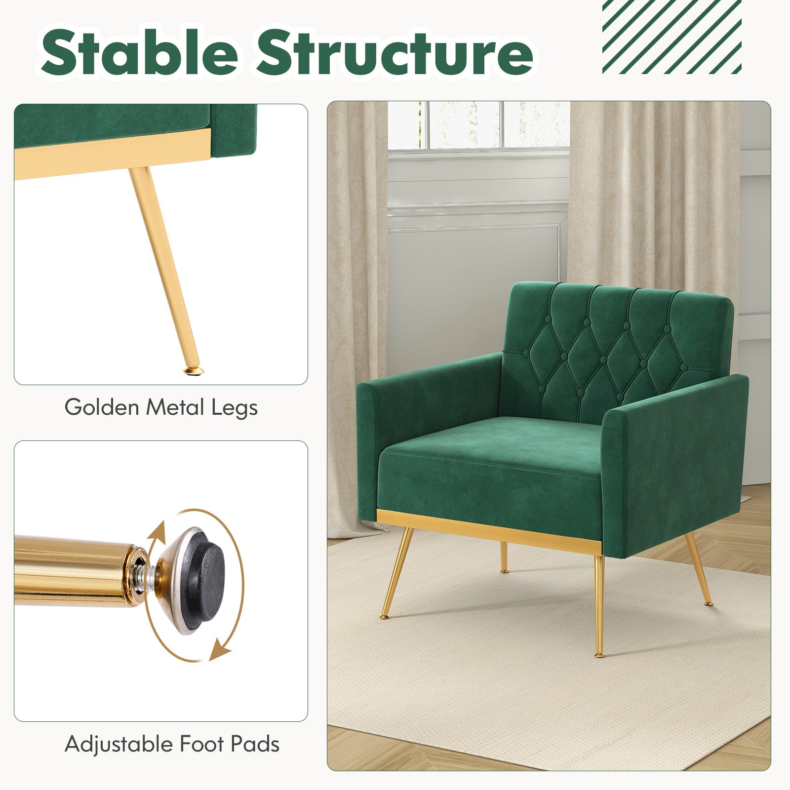 Modern Velvet Accent Chair with Button Tufted Back Golden Metal Legs and Adjustable Foot Pads, Turquoise Accent Chairs at Gallery Canada