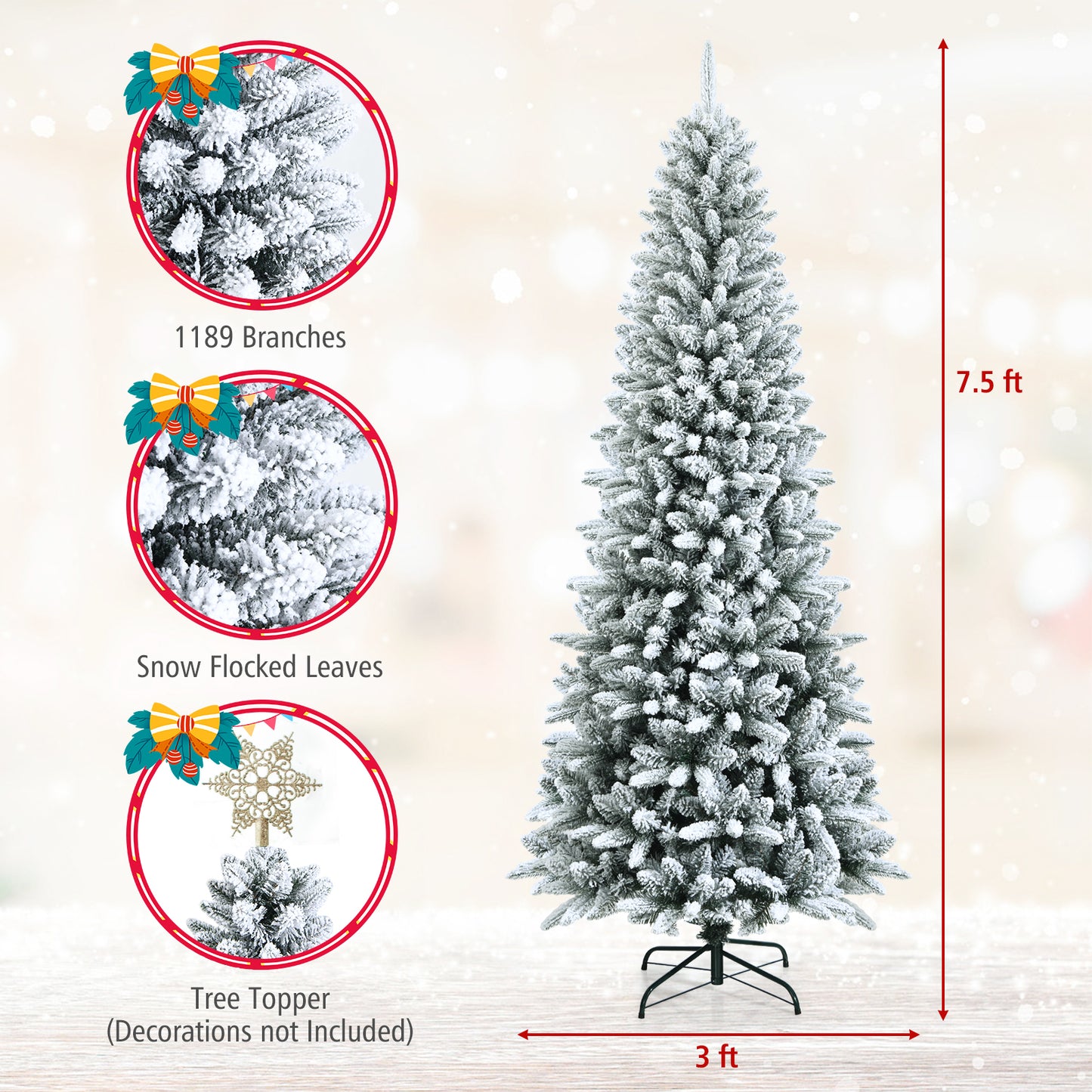 Snow-Flocked Hinged Artificial Christmas Pencil Tree with Mixed Tips-7.5', White Christmas Tree at Gallery Canada