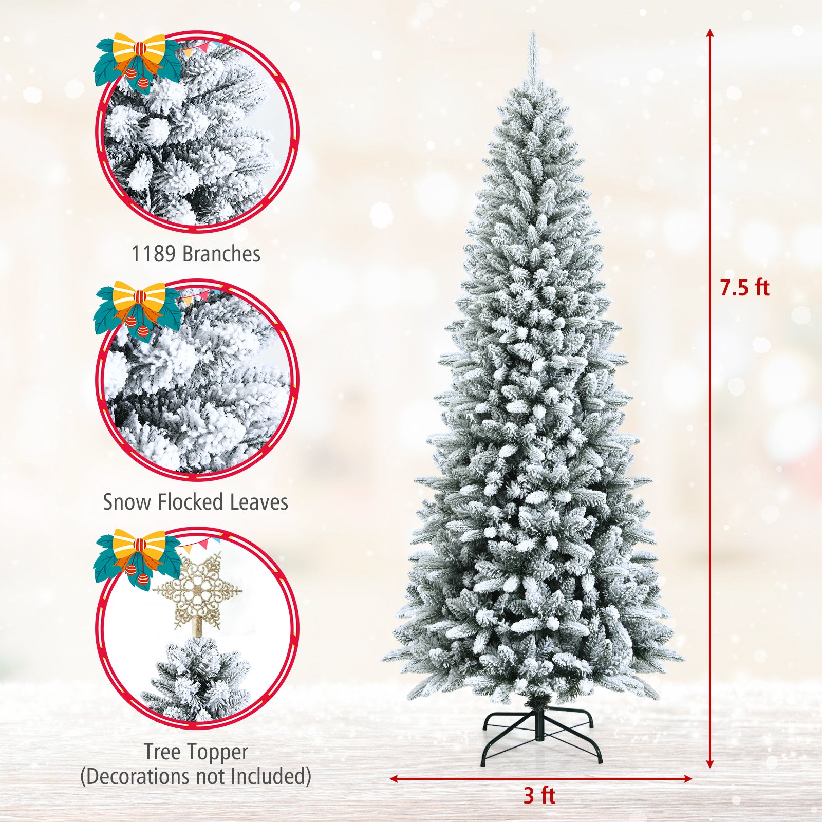 Snow-Flocked Hinged Artificial Christmas Pencil Tree with Mixed Tips-7.5', White Christmas Tree at Gallery Canada