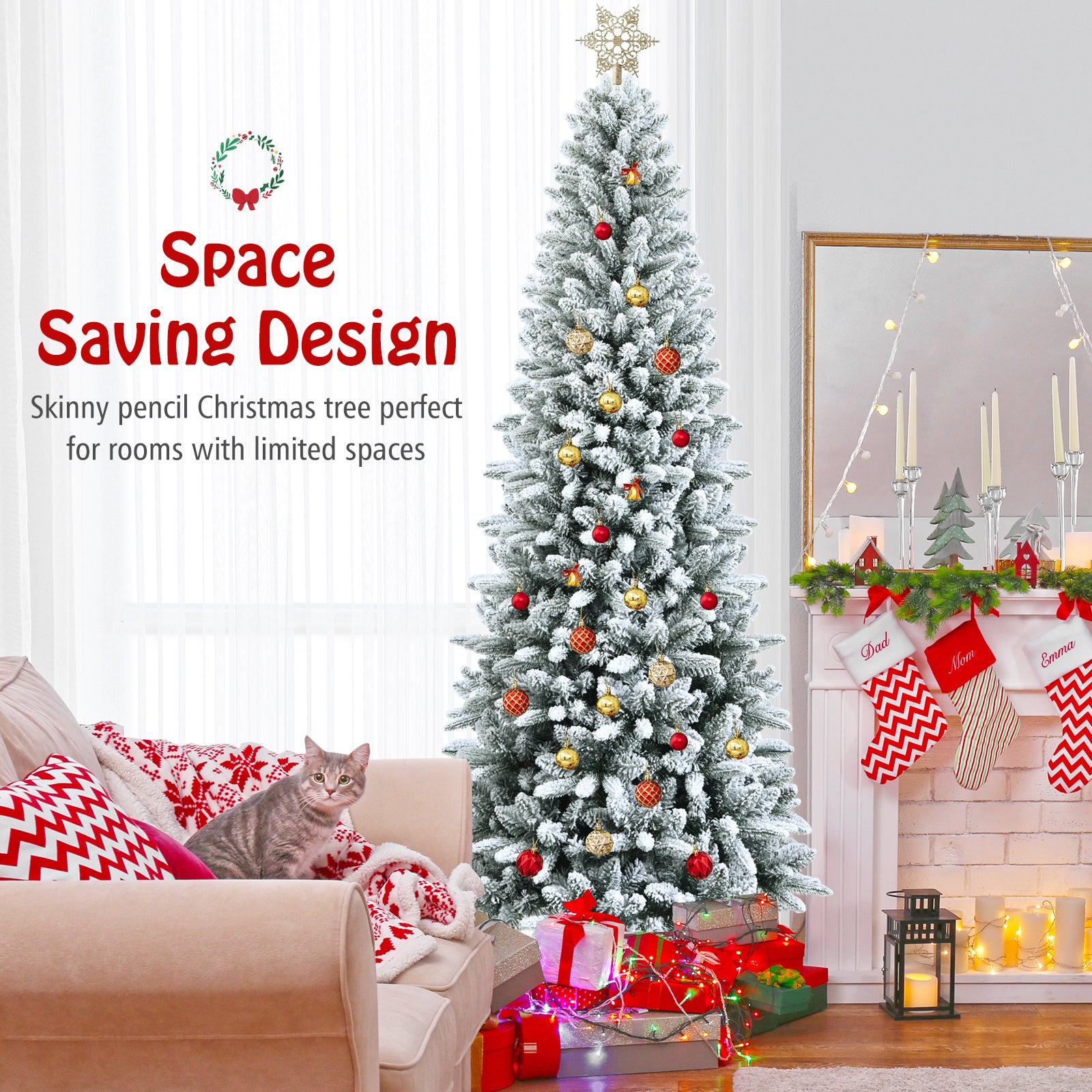 Snow-Flocked Hinged Artificial Christmas Pencil Tree with Mixed Tips-7.5', White Christmas Tree at Gallery Canada