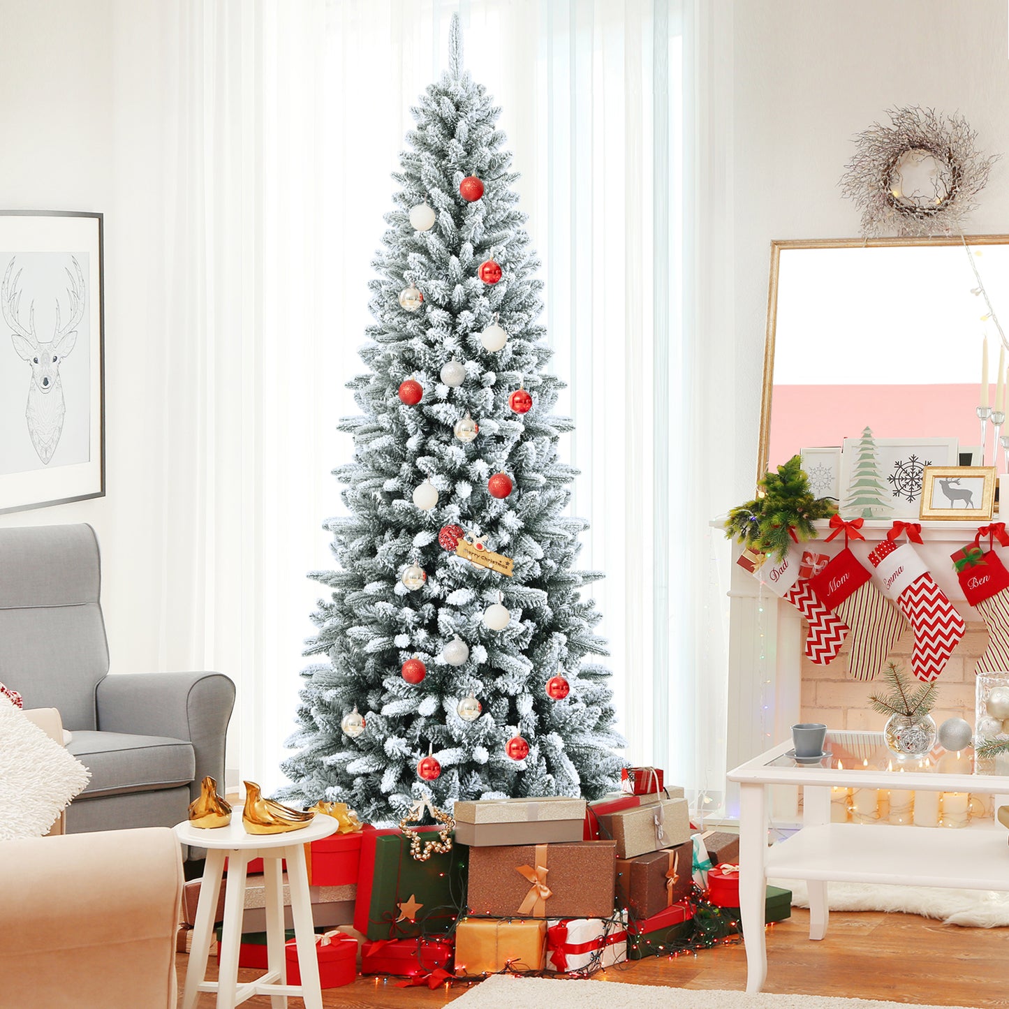 Snow-Flocked Hinged Artificial Christmas Pencil Tree with Mixed Tips-7.5', White Christmas Tree at Gallery Canada