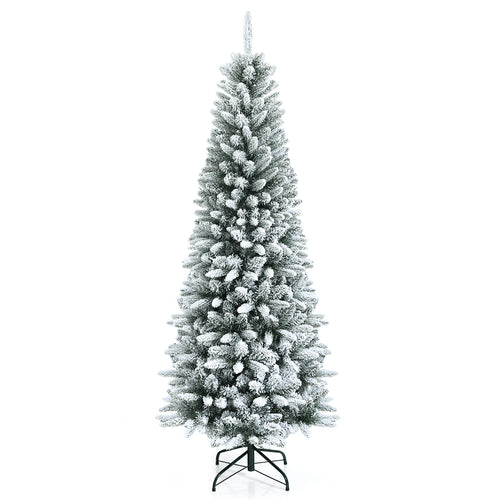 Snow-Flocked Hinged Artificial Christmas Pencil Tree with Mixed Tips-6.5 ft, White