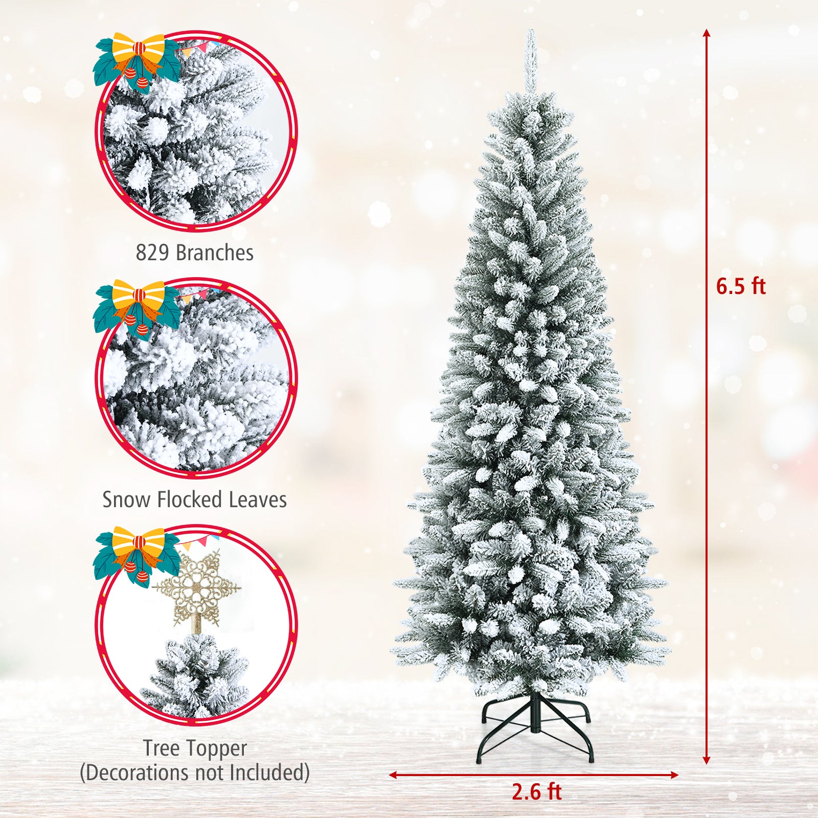 Snow-Flocked Hinged Artificial Christmas Pencil Tree with Mixed Tips-6.5 ft, White Christmas Tree at Gallery Canada