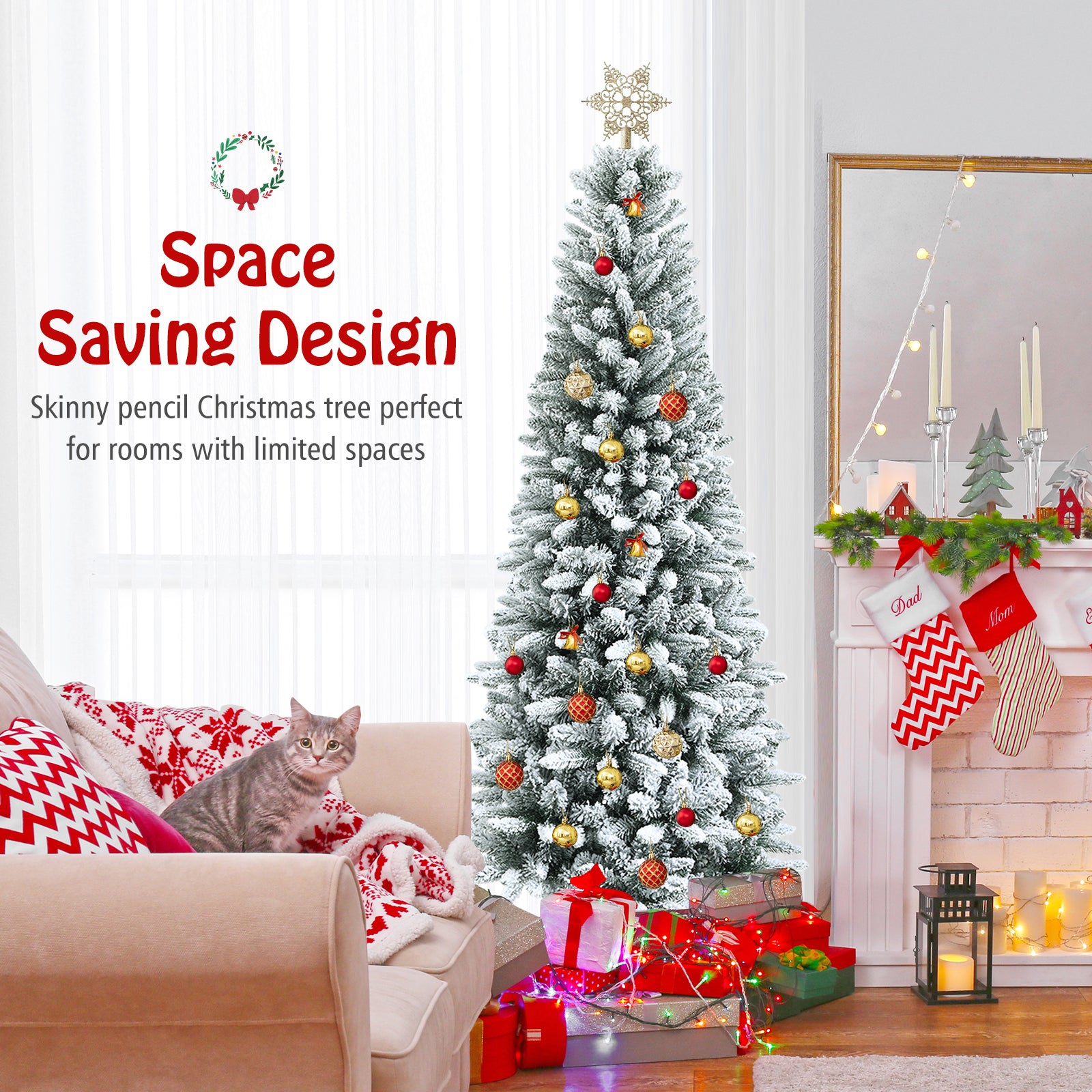 Snow-Flocked Hinged Artificial Christmas Pencil Tree with Mixed Tips-6.5 ft, White Christmas Tree at Gallery Canada