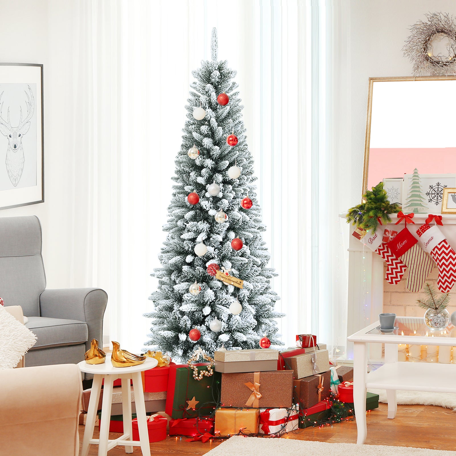 Snow-Flocked Hinged Artificial Christmas Pencil Tree with Mixed Tips-6.5 ft, White Christmas Tree at Gallery Canada