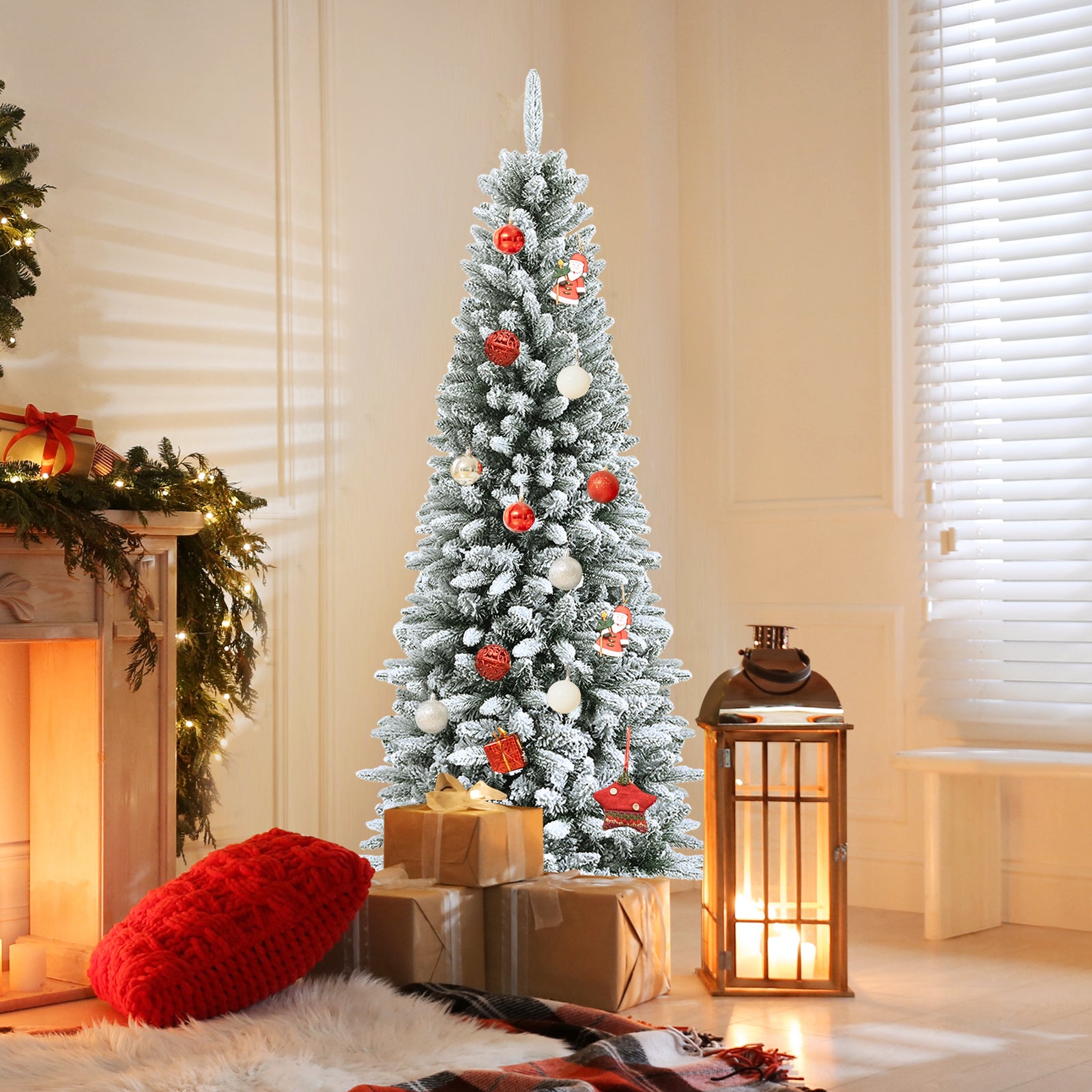 Snow-Flocked Hinged Artificial Christmas Pencil Tree with Mixed Tips-6.5 ft, White Christmas Tree at Gallery Canada