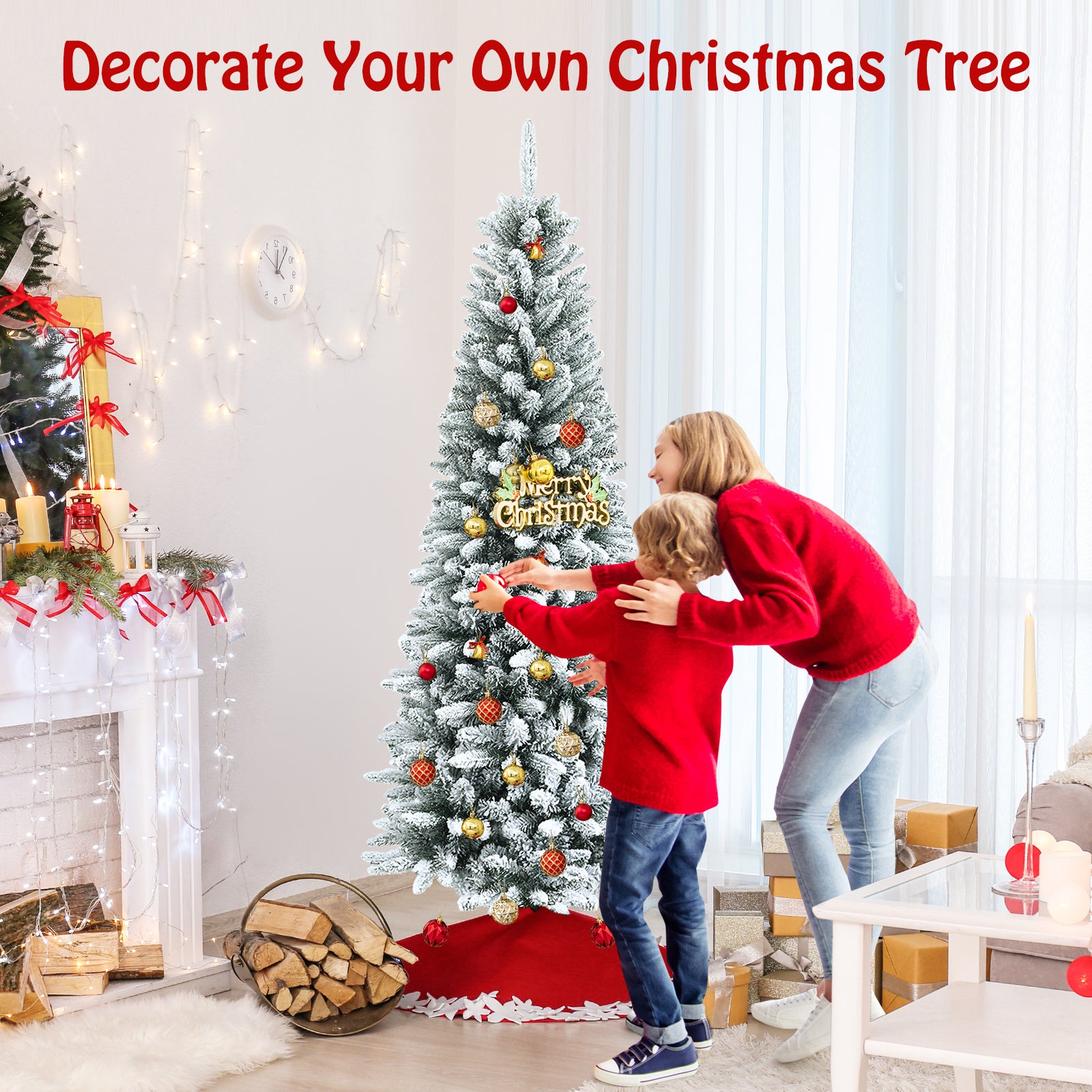 Snow-Flocked Hinged Artificial Christmas Pencil Tree with Mixed Tips-6.5 ft, White Christmas Tree at Gallery Canada