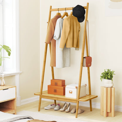 Bamboo Clothes Rack with Hanging Rod Rattan Shelf and Copper Hooks, Natural Coat Racks & Hall Trees at Gallery Canada
