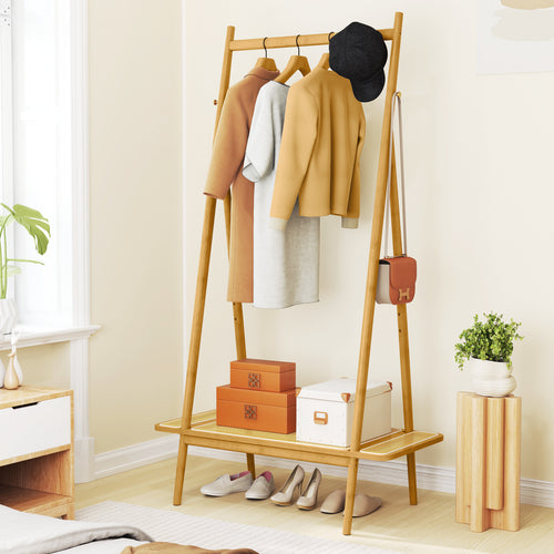 Bamboo Clothes Rack with Hanging Rod Rattan Shelf and Copper Hooks, Natural
