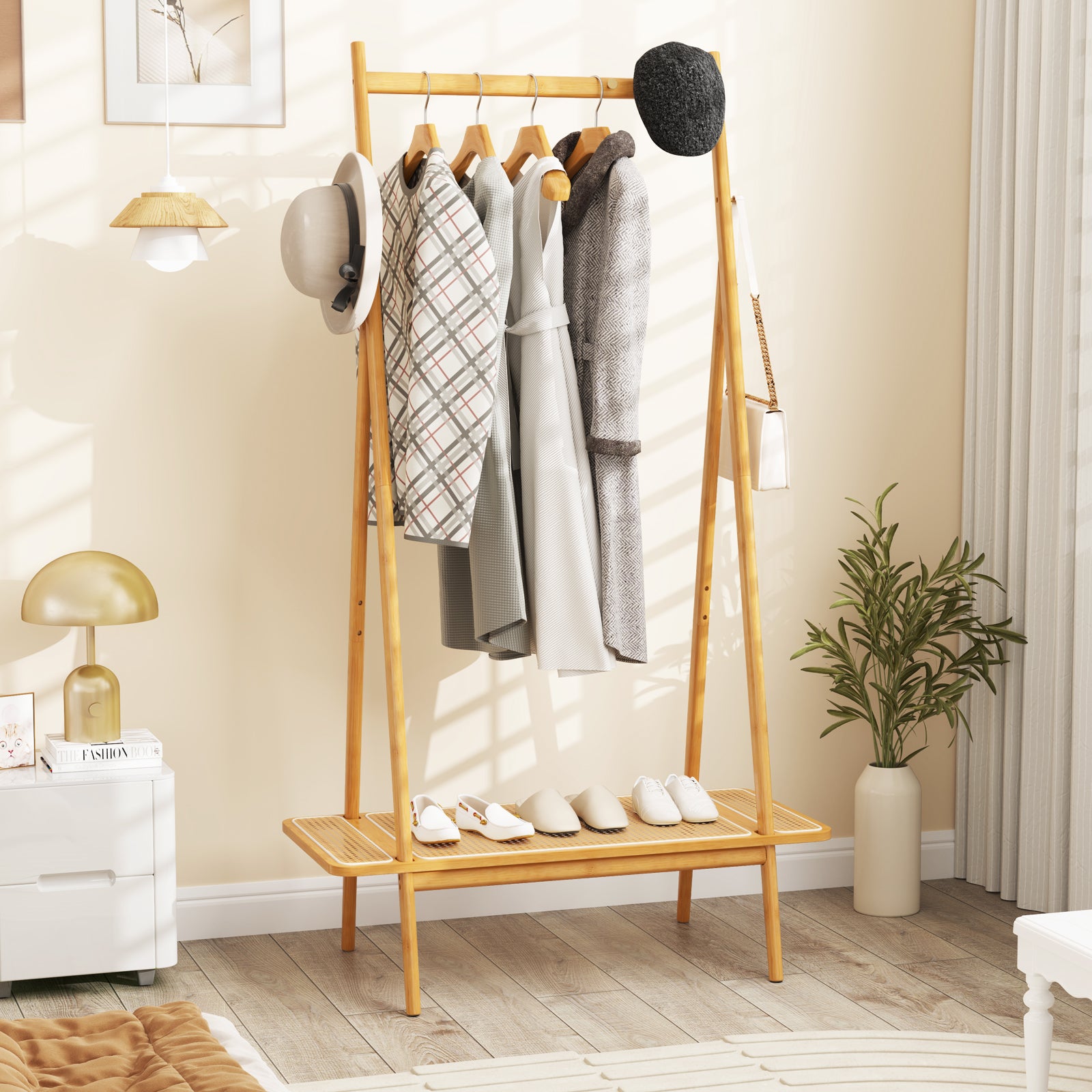 Bamboo Clothes Rack with Hanging Rod Rattan Shelf and Copper Hooks, Natural Coat Racks & Hall Trees at Gallery Canada