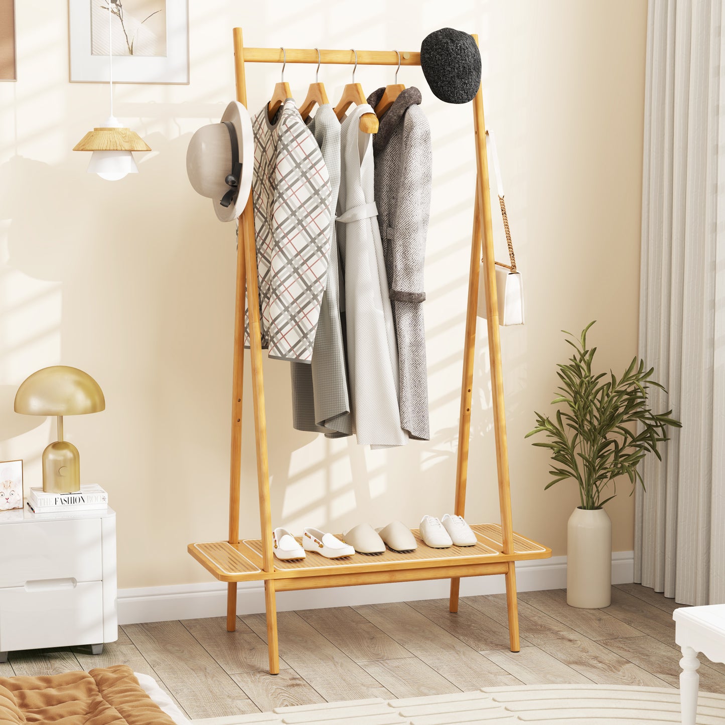 Bamboo Clothes Rack with Hanging Rod Rattan Shelf and Copper Hooks, Natural Coat Racks & Hall Trees at Gallery Canada