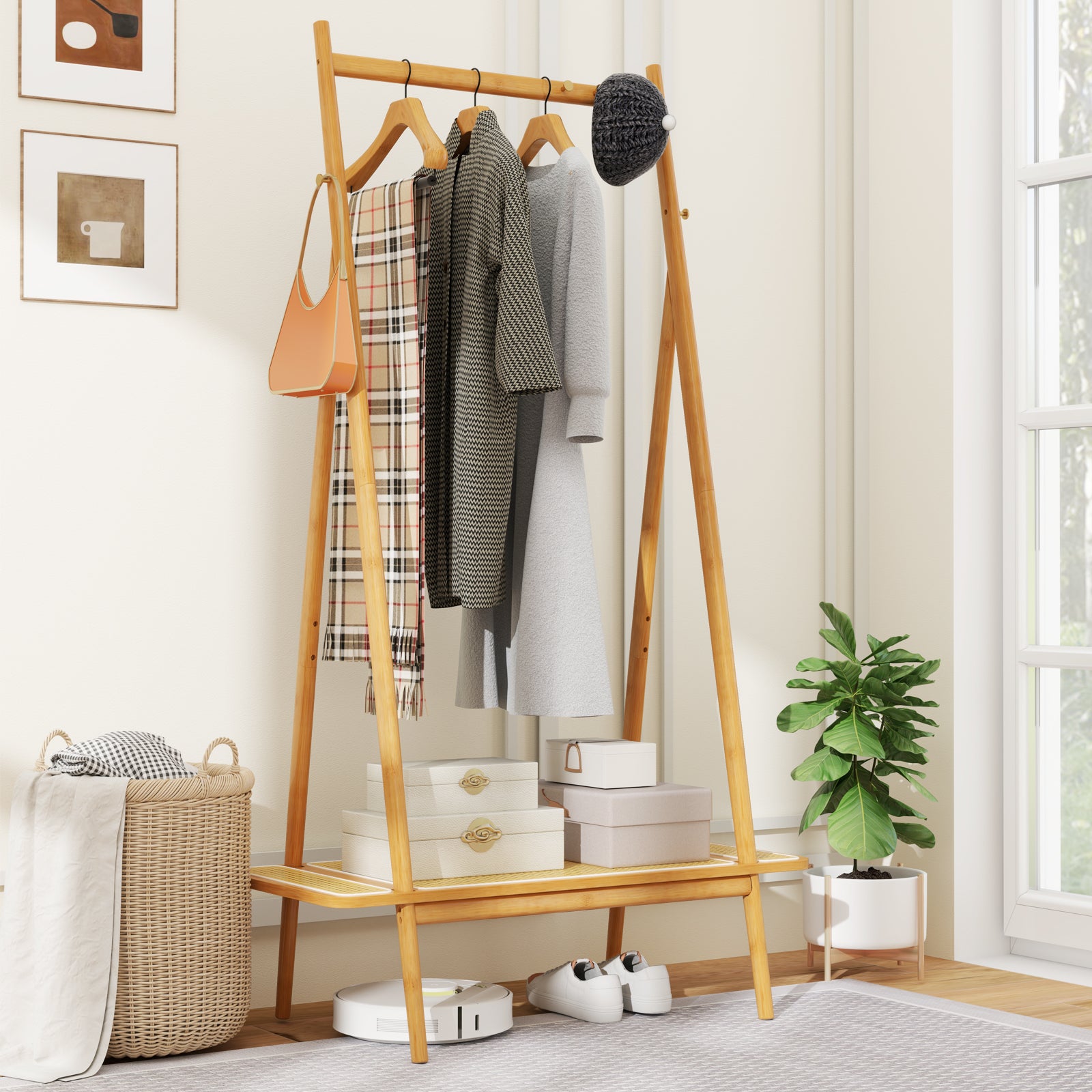 Bamboo Clothes Rack with Hanging Rod Rattan Shelf and Copper Hooks, Natural Coat Racks & Hall Trees at Gallery Canada