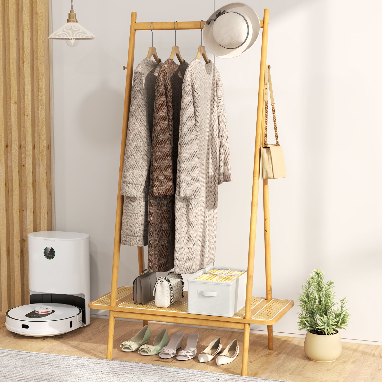 Bamboo Clothes Rack with Hanging Rod Rattan Shelf and Copper Hooks, Natural Coat Racks & Hall Trees at Gallery Canada