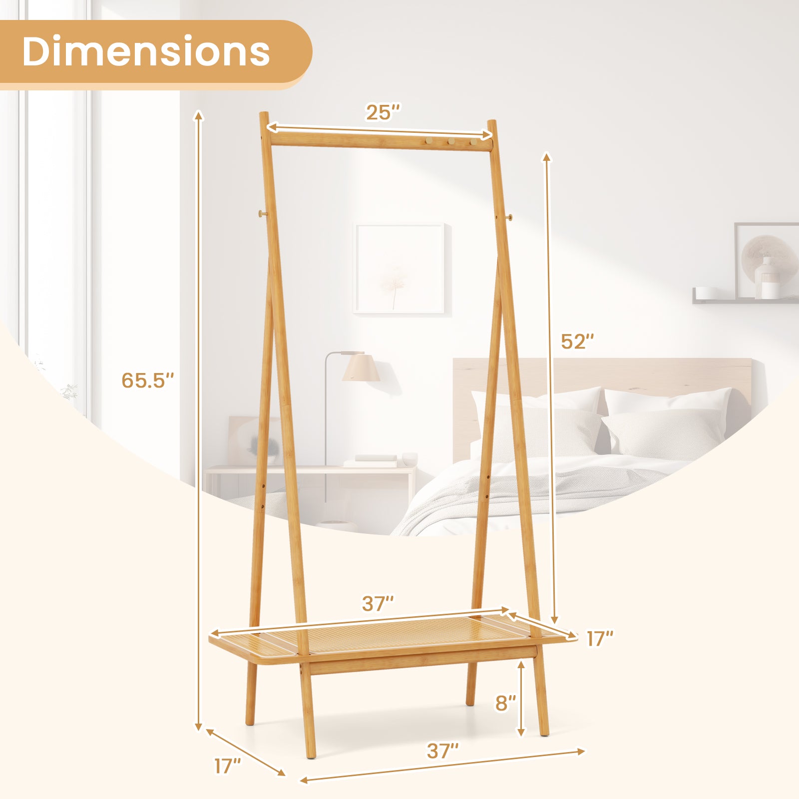 Bamboo Clothes Rack with Hanging Rod Rattan Shelf and Copper Hooks, Natural Coat Racks & Hall Trees at Gallery Canada