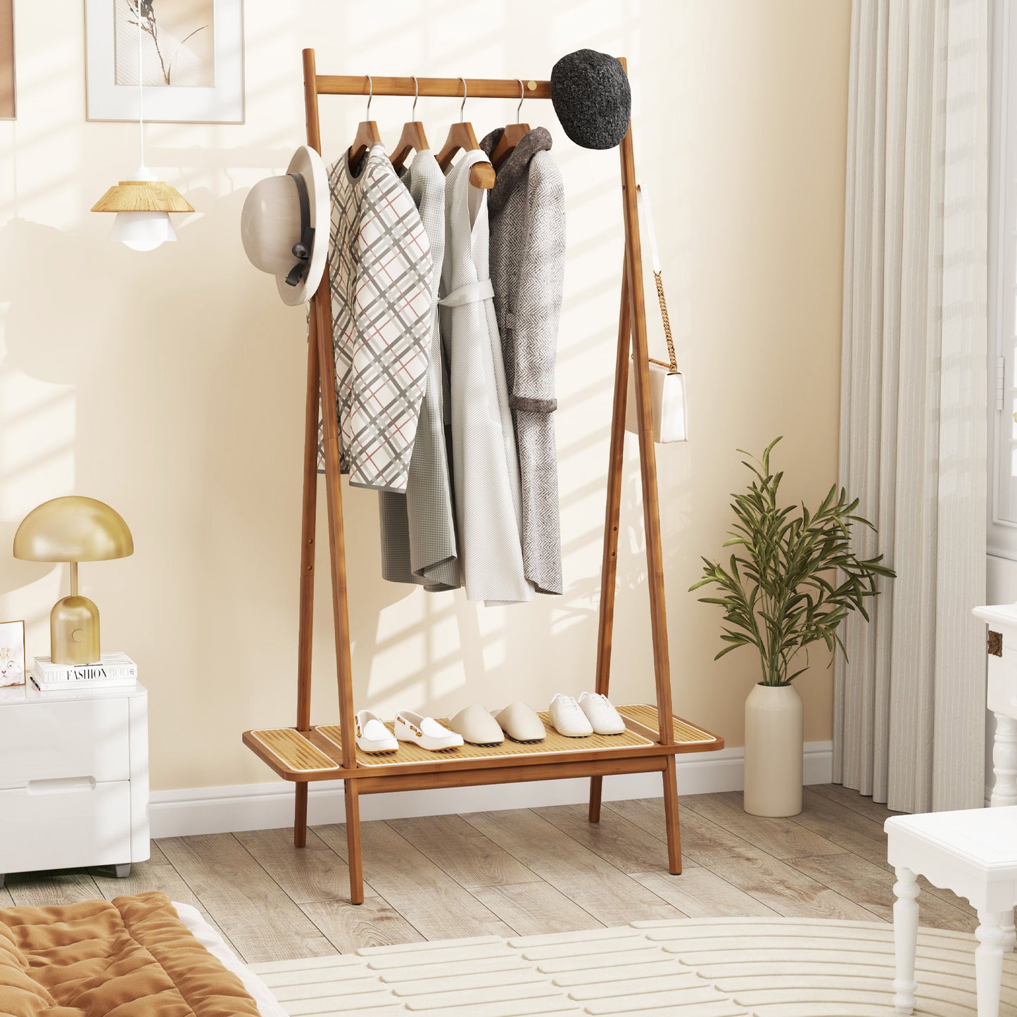 Bamboo Clothes Rack with Hanging Rod Rattan Shelf and Copper Hooks, Brown Coat Racks & Hall Trees at Gallery Canada