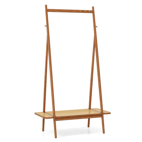 Bamboo Clothes Rack with Hanging Rod Rattan Shelf and Copper Hooks, Brown