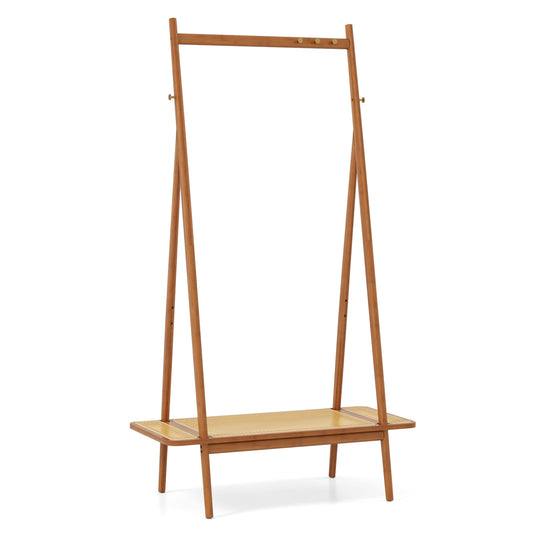 Bamboo Clothes Rack With Hanging Rod, Rattan Shelf, Copper Hooks, Brown