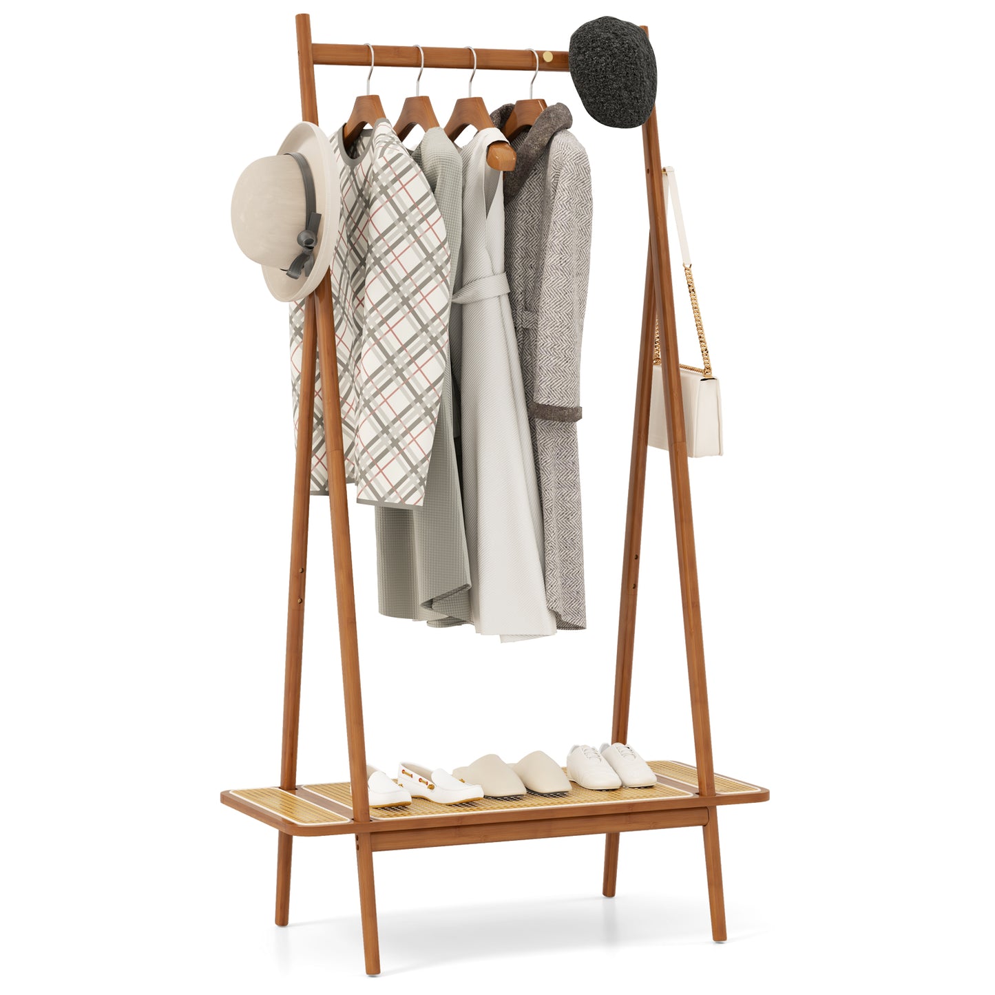 Bamboo Clothes Rack with Hanging Rod Rattan Shelf and Copper Hooks, Brown Coat Racks & Hall Trees at Gallery Canada