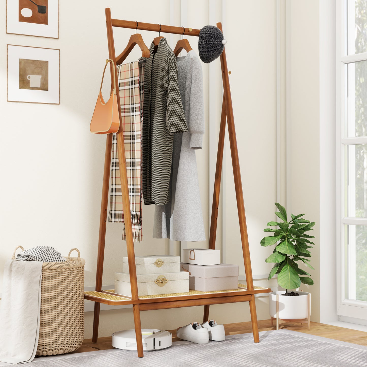 Bamboo Clothes Rack with Hanging Rod Rattan Shelf and Copper Hooks, Brown Coat Racks & Hall Trees at Gallery Canada