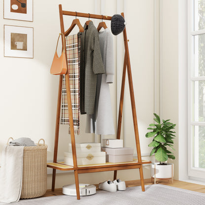 Bamboo Clothes Rack with Hanging Rod Rattan Shelf and Copper Hooks, Brown Coat Racks & Hall Trees at Gallery Canada