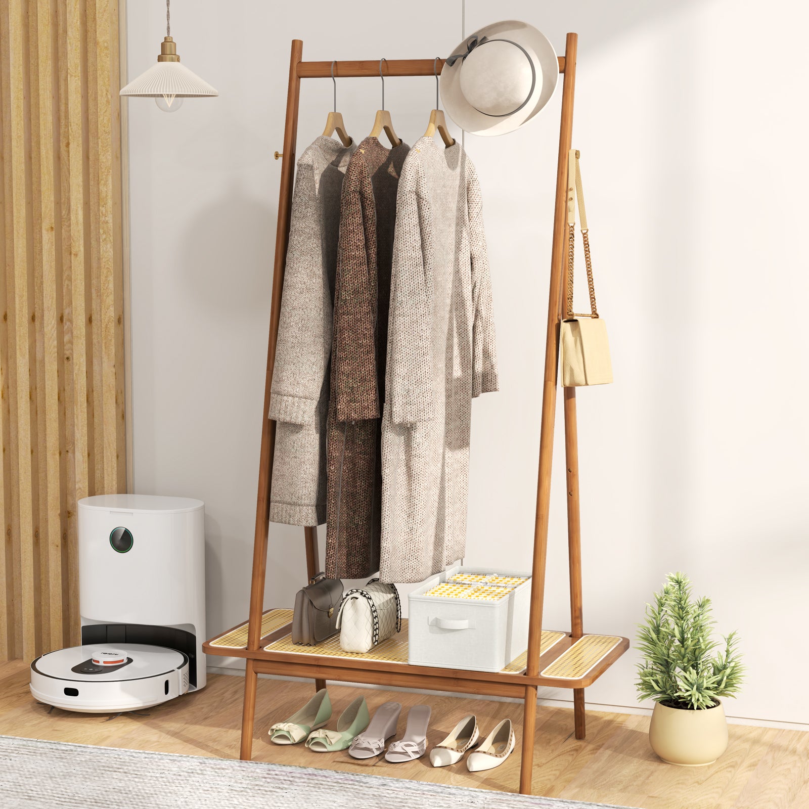 Bamboo Clothes Rack with Hanging Rod Rattan Shelf and Copper Hooks, Brown Coat Racks & Hall Trees at Gallery Canada