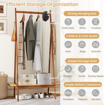 Bamboo Clothes Rack with Hanging Rod Rattan Shelf and Copper Hooks, Brown Coat Racks & Hall Trees at Gallery Canada