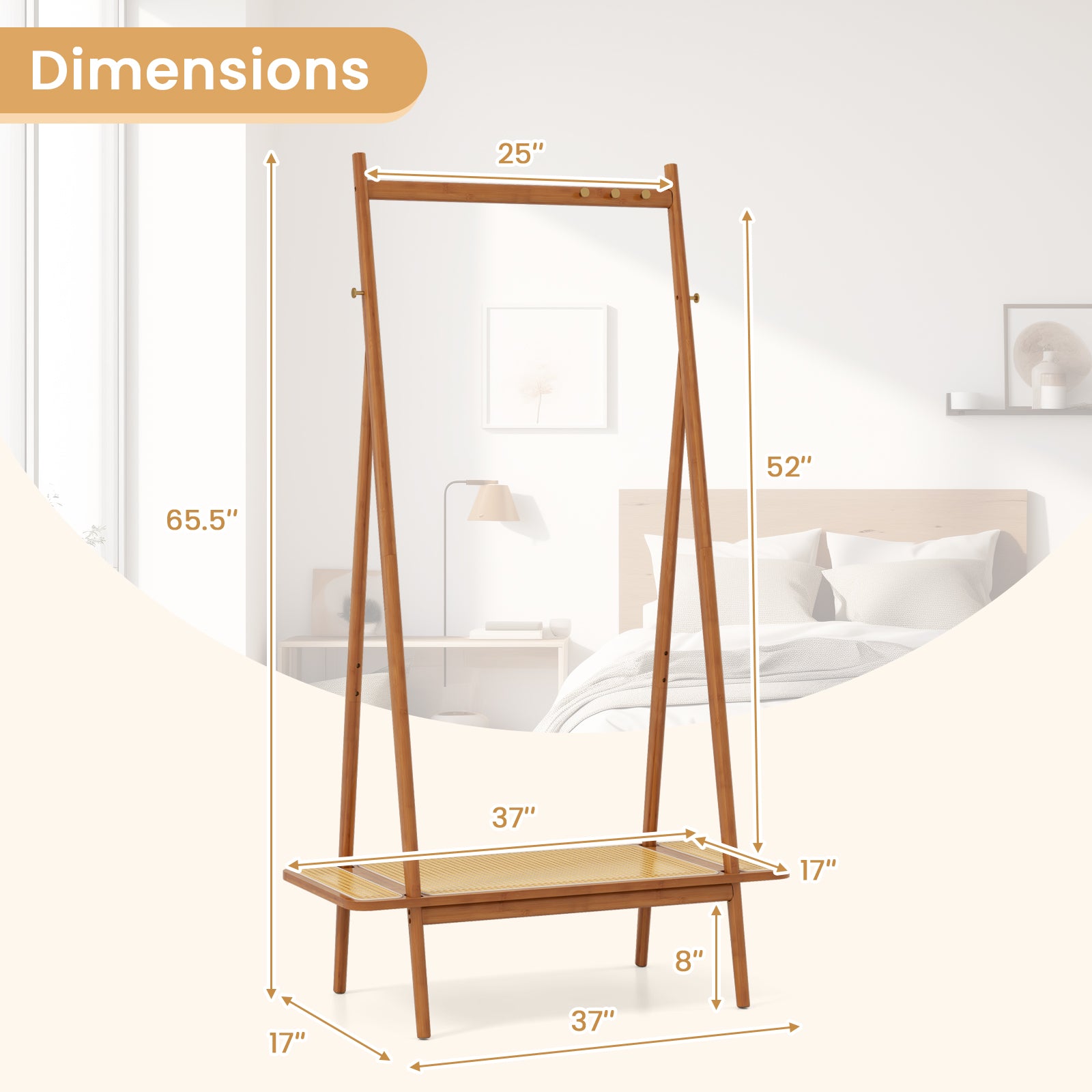 Bamboo Clothes Rack with Hanging Rod Rattan Shelf and Copper Hooks, Brown Coat Racks & Hall Trees at Gallery Canada