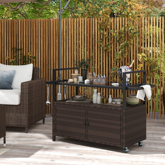 Outdoor Bar Cart Wicker Buffet Serving Cart with Cabinet and 8 Hooks, Brown Camping Furniture Brown at Gallery Canada