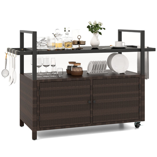 Outdoor Bar Cart Wicker Buffet Serving Cart with Cabinet and 8 Hooks, Brown Camping Furniture Brown at Gallery Canada