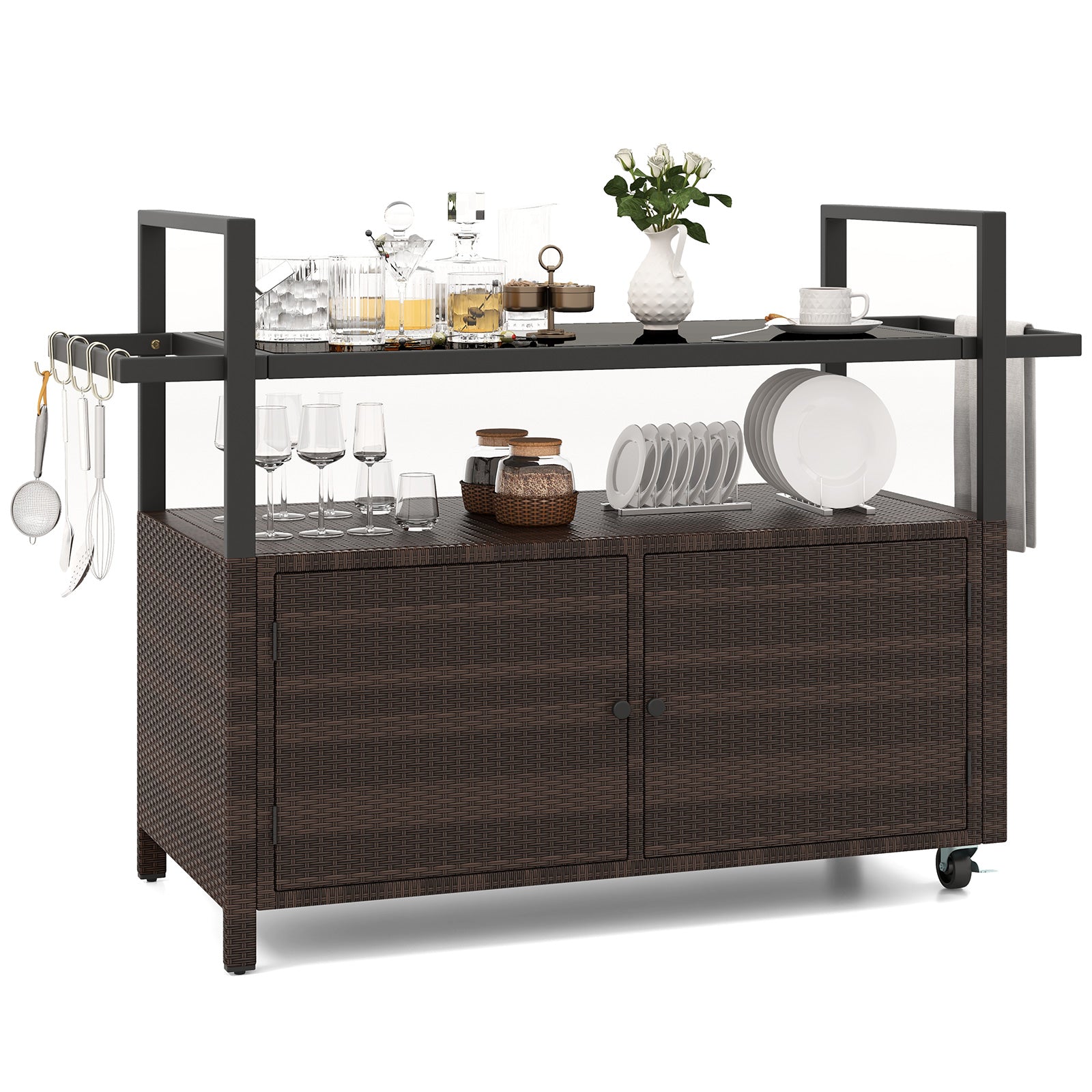 Outdoor Bar Cart Wicker Buffet Serving Cart with Cabinet and 8 Hooks, Brown Camping Furniture at Gallery Canada