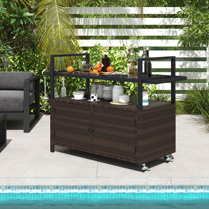 Outdoor Bar Cart Wicker Buffet Serving Cart with Cabinet and 8 Hooks, Brown Camping Furniture at Gallery Canada