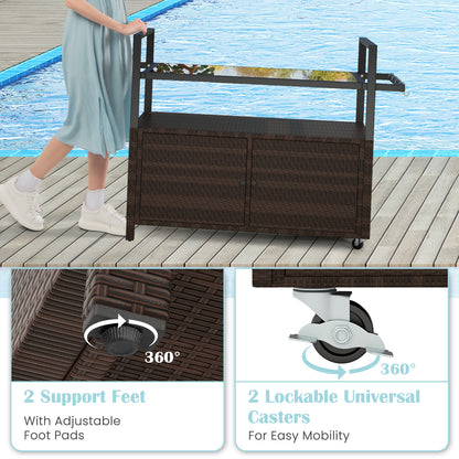 Outdoor Bar Cart Wicker Buffet Serving Cart with Cabinet and 8 Hooks, Brown Camping Furniture at Gallery Canada