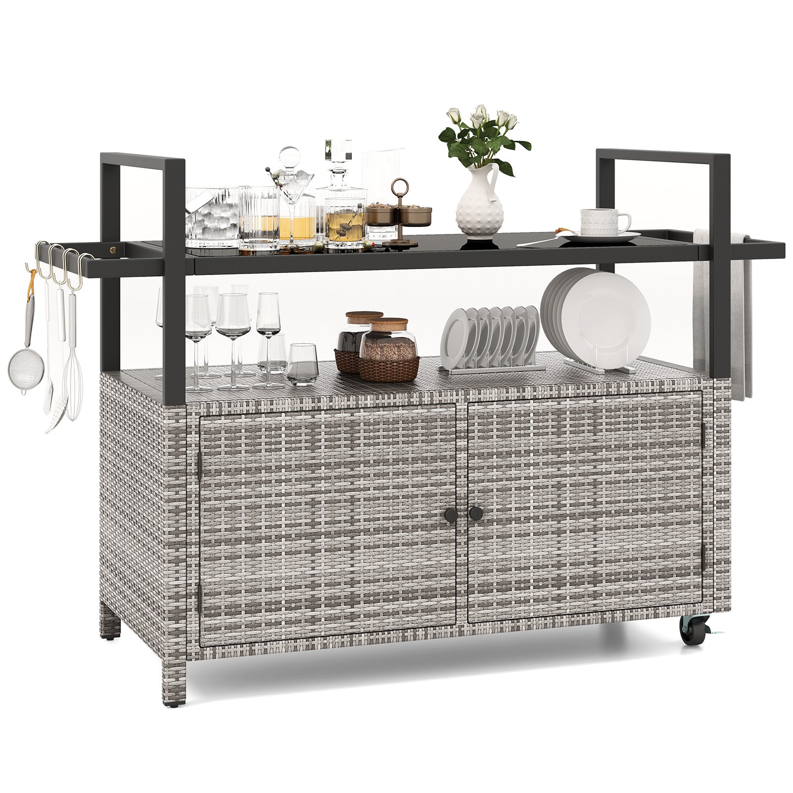 Outdoor Bar Cart Wicker Buffet Serving Cart with Cabinet and 8 Hooks, Gray Camping Furniture Gray at Gallery Canada