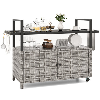 Outdoor Bar Cart Wicker Buffet Serving Cart with Cabinet and 8 Hooks, Gray Camping Furniture Gray at Gallery Canada