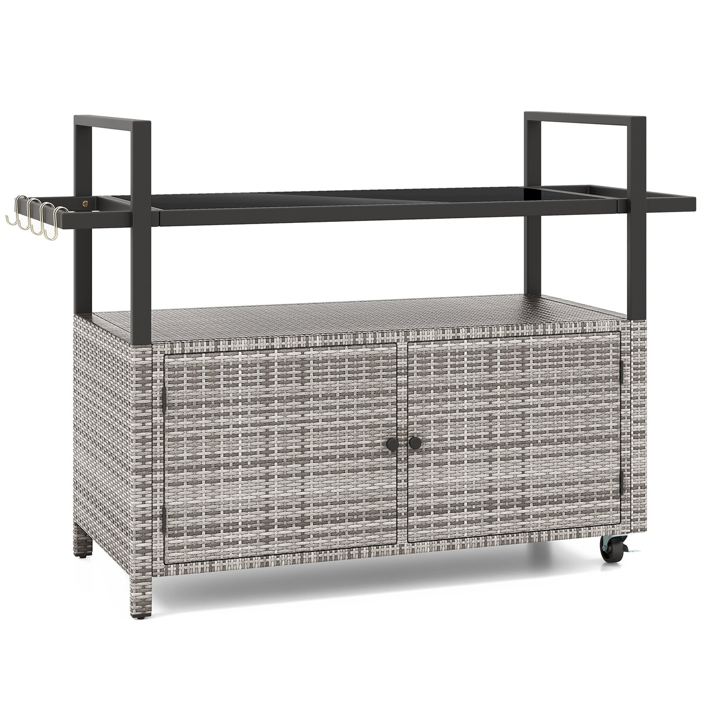 Outdoor Bar Cart Wicker Buffet Serving Cart with Cabinet and 8 Hooks, Gray Camping Furniture at Gallery Canada