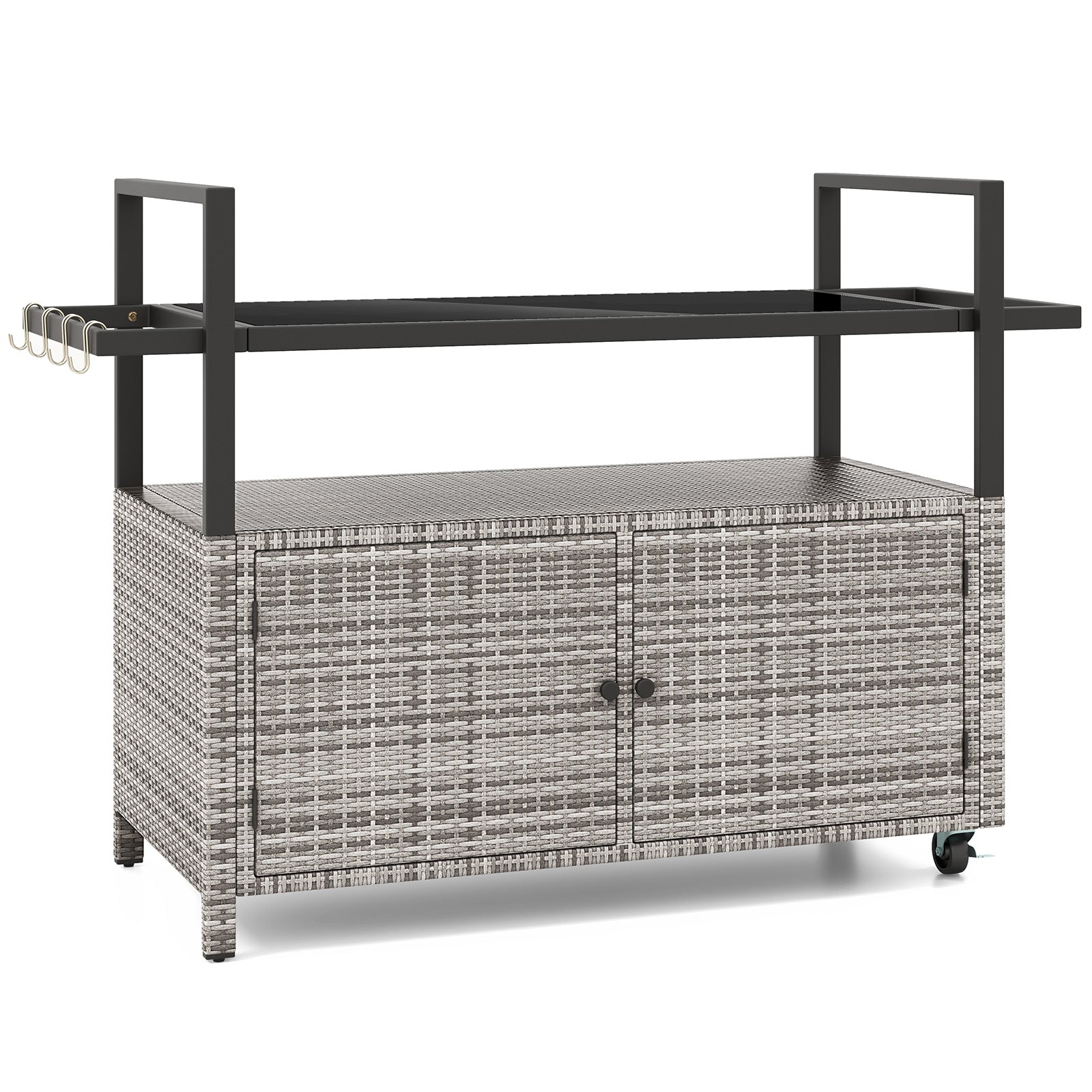 Outdoor Bar Cart Wicker Buffet Serving Cart with Cabinet and 8 Hooks, Gray Camping Furniture at Gallery Canada