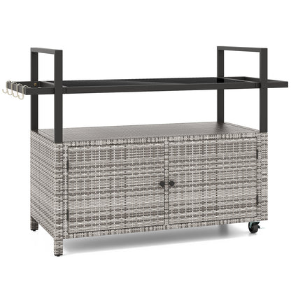 Outdoor Bar Cart Wicker Buffet Serving Cart with Cabinet and 8 Hooks, Gray Camping Furniture at Gallery Canada