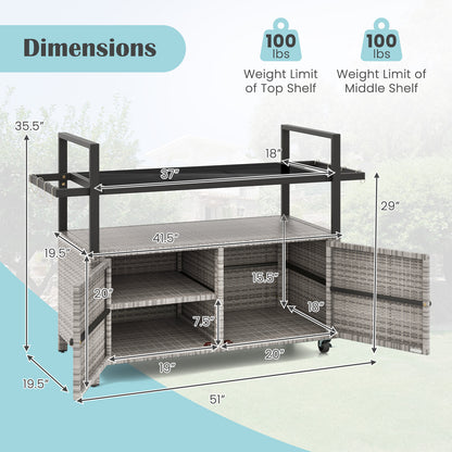 Outdoor Bar Cart Wicker Buffet Serving Cart with Cabinet and 8 Hooks, Gray Camping Furniture at Gallery Canada