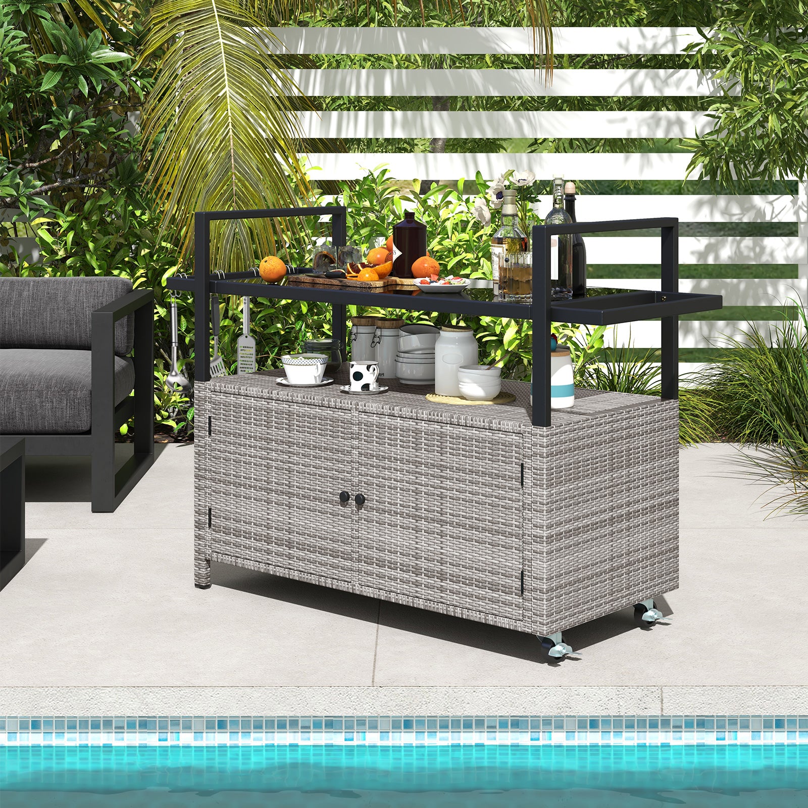 Outdoor Bar Cart Wicker Buffet Serving Cart with Cabinet and 8 Hooks, Gray Camping Furniture at Gallery Canada