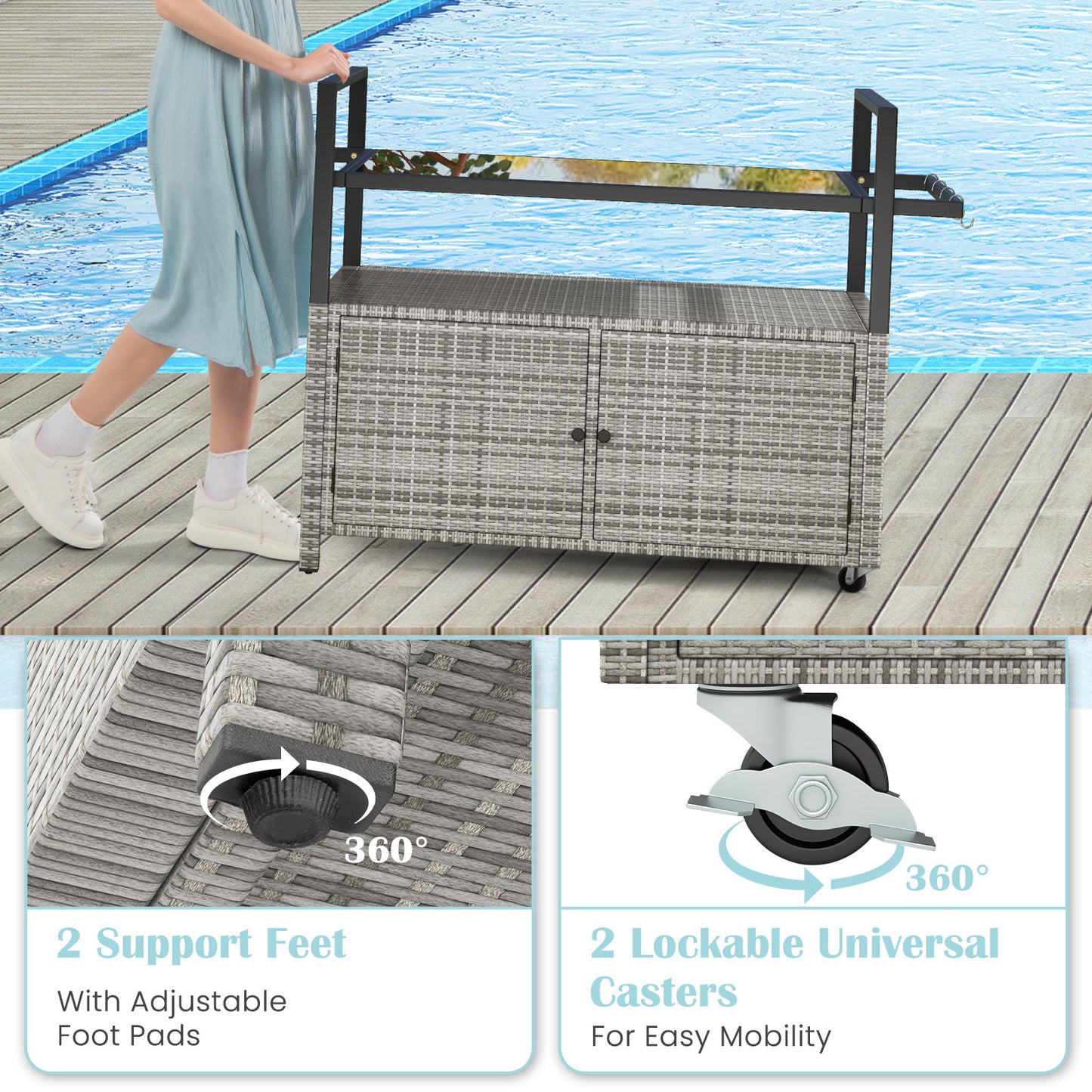 Outdoor Bar Cart Wicker Buffet Serving Cart with Cabinet and 8 Hooks, Gray Camping Furniture at Gallery Canada