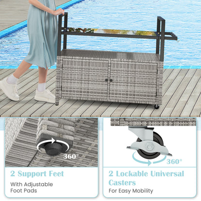 Outdoor Bar Cart Wicker Buffet Serving Cart with Cabinet and 8 Hooks, Gray Camping Furniture at Gallery Canada