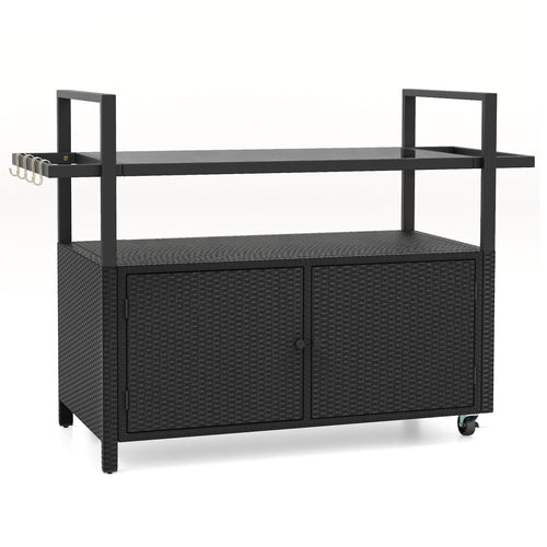 Outdoor Wicker Bar Cart With Cabinet, 8 Hooks, Black