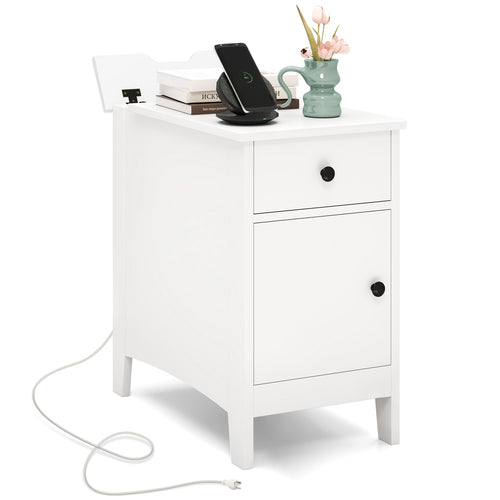 Flip Top End Table with Charging Station USB Ports Outlets and Drawer, White