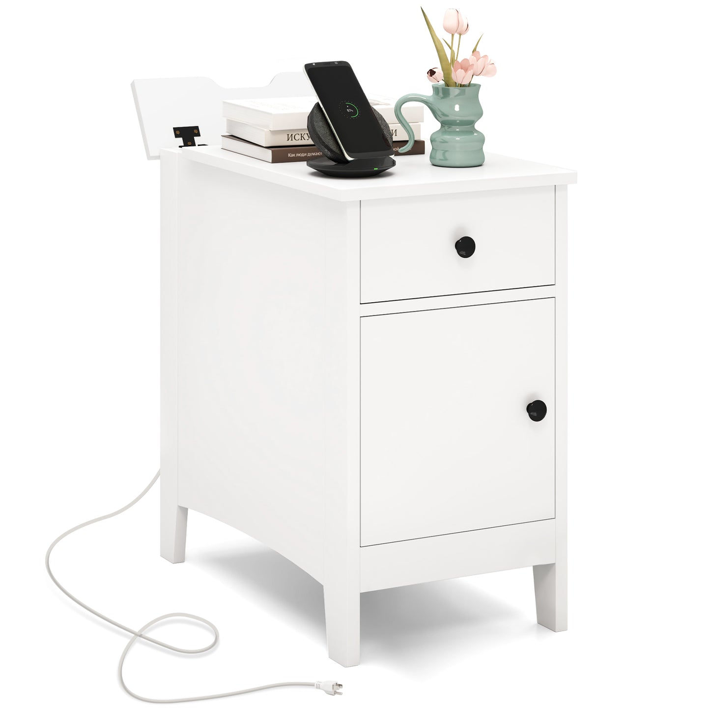 Flip Top End Table with Charging Station USB Ports Outlets and Drawer, White Nightstands at Gallery Canada